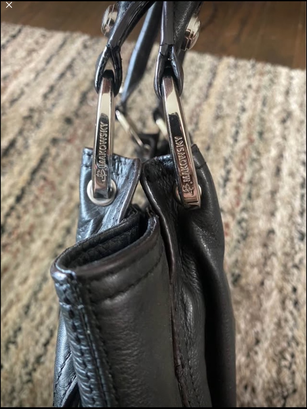 b. makowsky Black Leather Shoulder Tote. With Leopard print inside - Picture 3 of 4